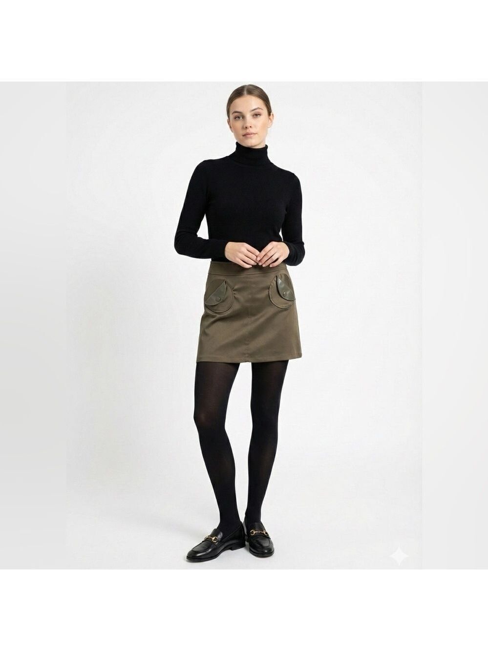 TATYANA Olive Green Poly Blend Satin Faux Leather Pocket Flaps Lined Mini Skirt